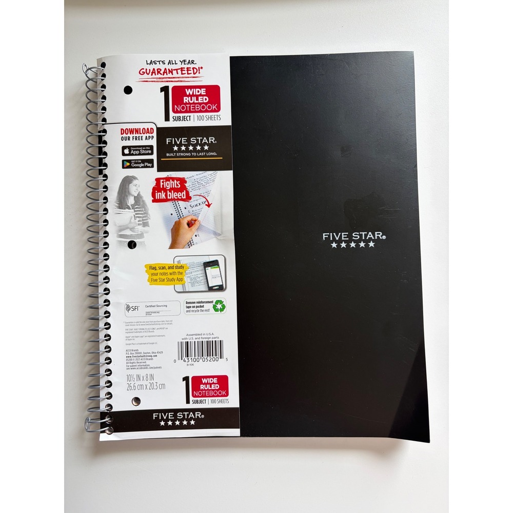 Five Star 1 Subject Spiral Notebook Black Wide Ruled 100 Sheets 10.5 x 8 05200